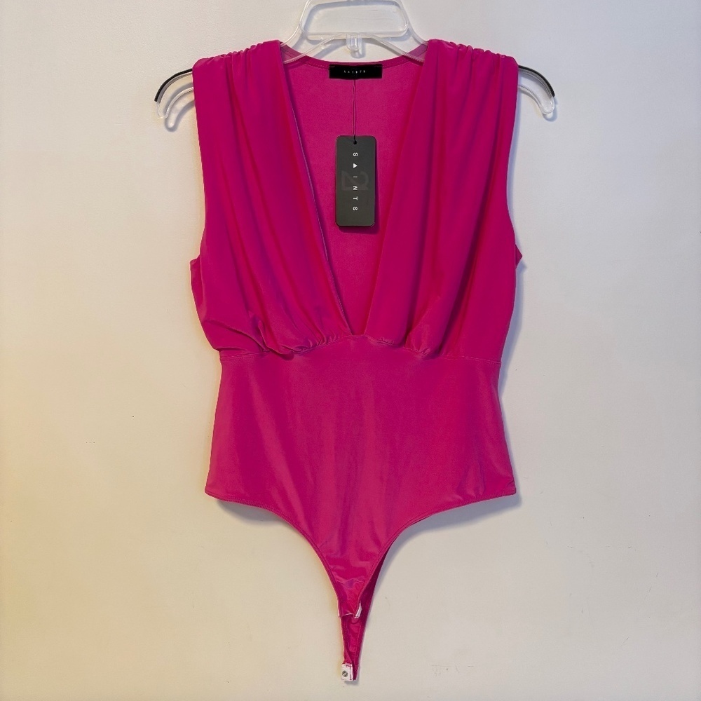 21 Saints Plunging V Neck Sleeveless Elastic Stretchy Bodysuit Hot Pink Large